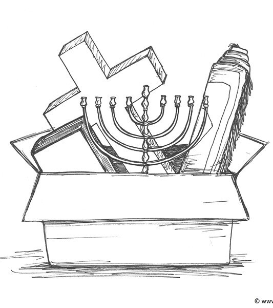 Eine Bleistiftzeichnung zeigt einen Karton, aus dem Glaubenssymbole wie ein Kreuz, ein siebnarmiger Leuchter, eine Thora und eine Bibel herausragen.